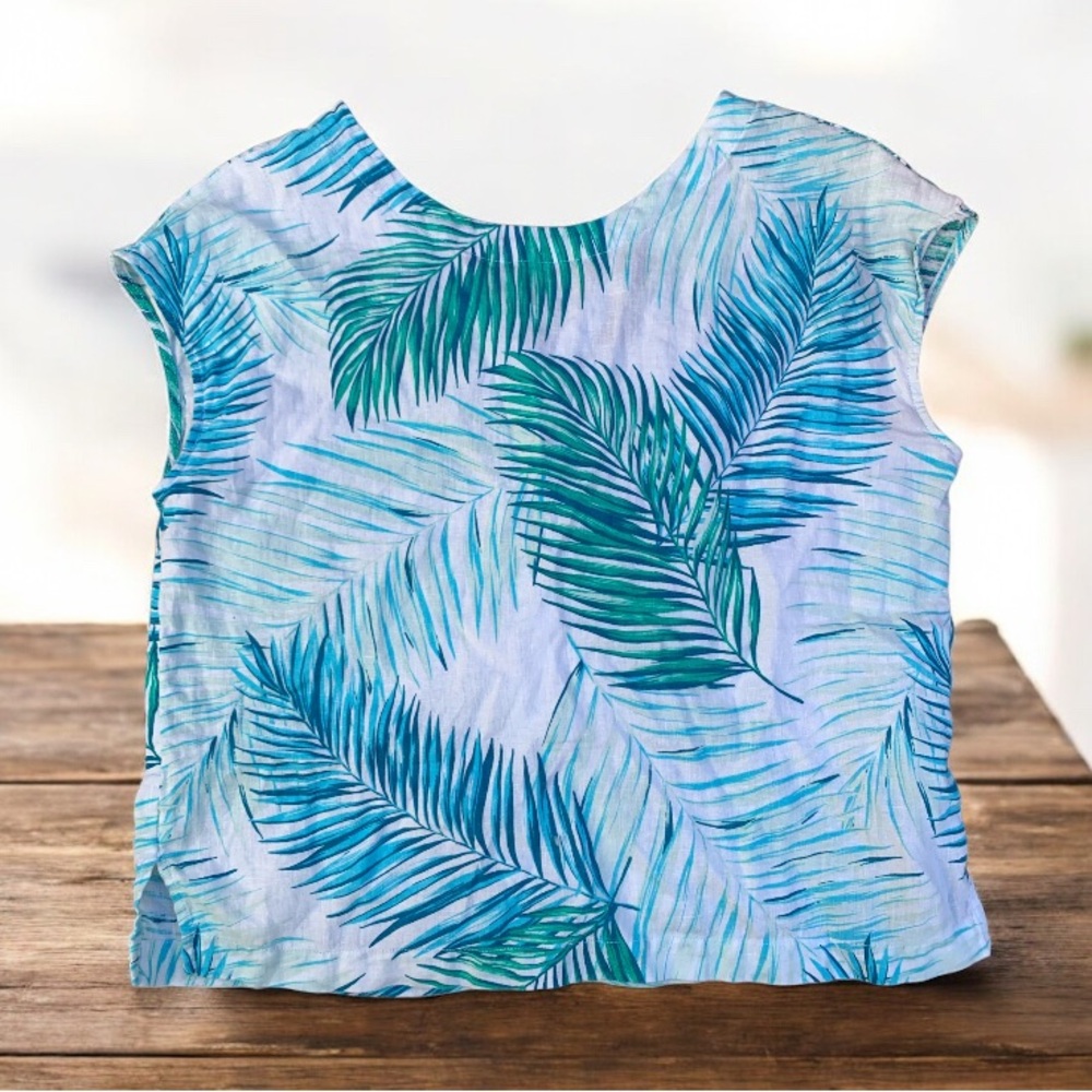 Tahari Linen Tropical Leaf Print Top Medium